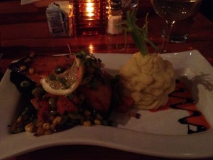 ... late dinner at Square Root after picking Matt up at airport... so happy he's home... ;-) ... cedar plank salmon with succotash and rosemary mashed potatoes...