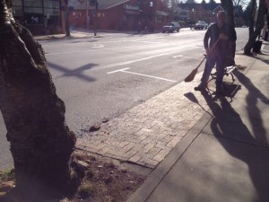 ... sights and sounds on. Main Street this morning... seems a beer trolley have a run-in with a tree last night... Tim is sweeping up the remaining pieces left behind by the trolley... ;-)